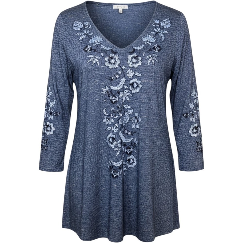 J.Jill Pure‎ Jill Navy Blue Floral Embroidered V-Neck Tunic Top XS